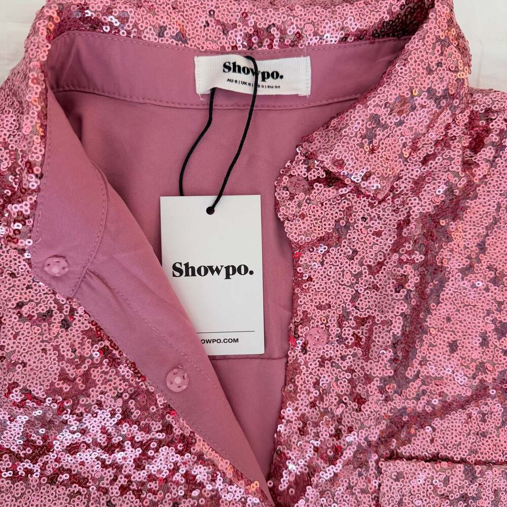 Showpo. Pink Sequin Shirtdress Size 2 - Picture 3 of 6